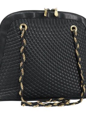 Authentic BALLY Quilted Chain Shoulder Bag Leather Black Gold